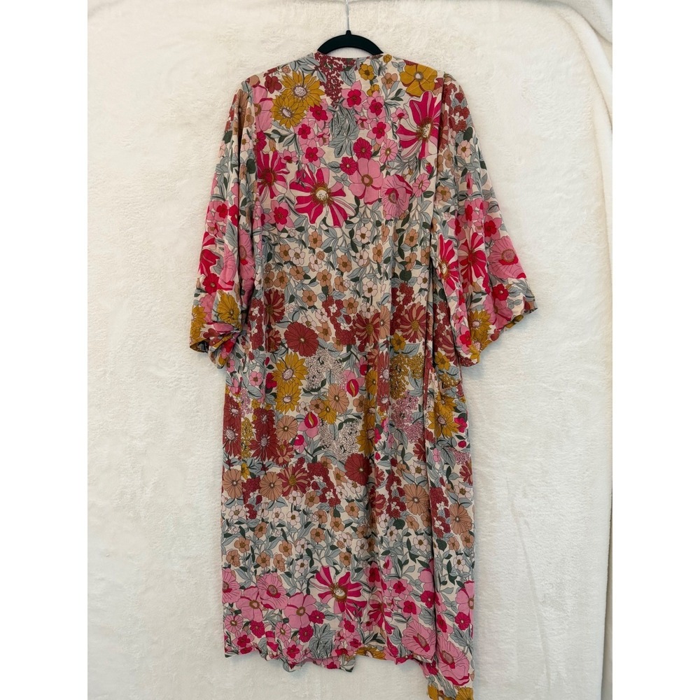 Natural Life Floral Kimono Robe L/XL Pink Mustard Yellow Boho Duster Coverup - Picture 6 of 9